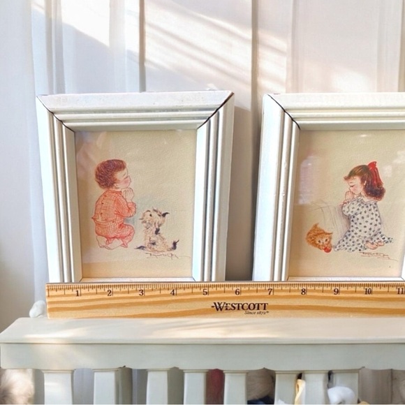 VINTAGE Prints - Little Girl & Boy Saying Bedtime Prayers - Nursery - Picture 6 of 8